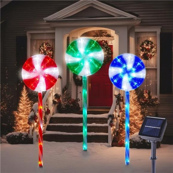 27" Set of 3 Lollipops Peppermint Stake Lights, Candy Cane Lights with 8 Modes - Picture 1 of 7